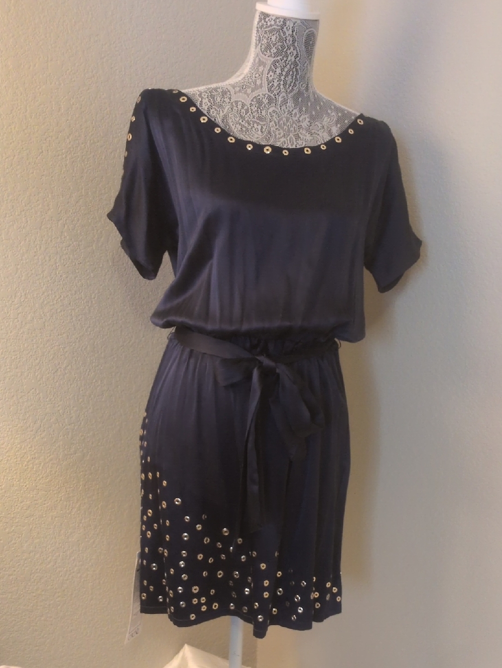 Cache Navy Dress with Gold Rivet Trim
